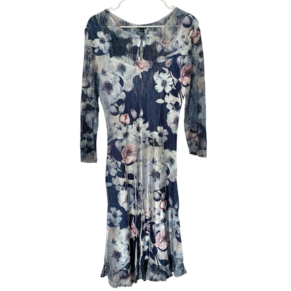 Komarov Dress XL Midi Blue Floral Crinkle Keyhole Neck 3/4 Sleeve Lace Fit Flare